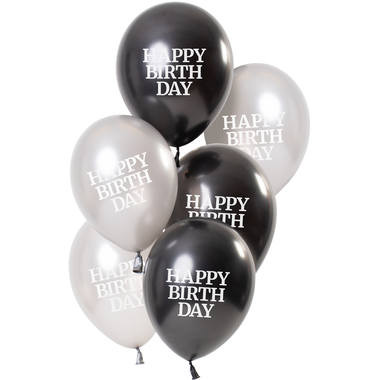 Luftballons "Happy Birthday" Schwarz/Silber 6 Stk.