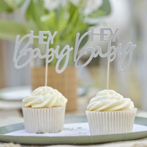 Cupcake Toppers " Hey Baby" Sage Green