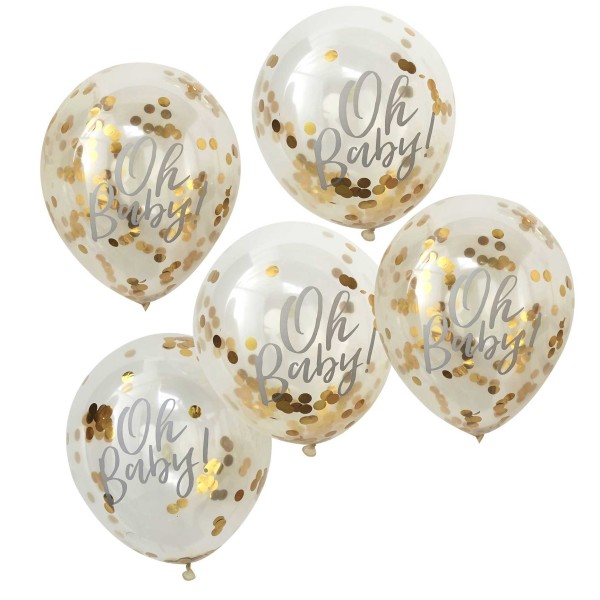 Luftballons "Oh Baby" Konfetti Gold 5 Stk.